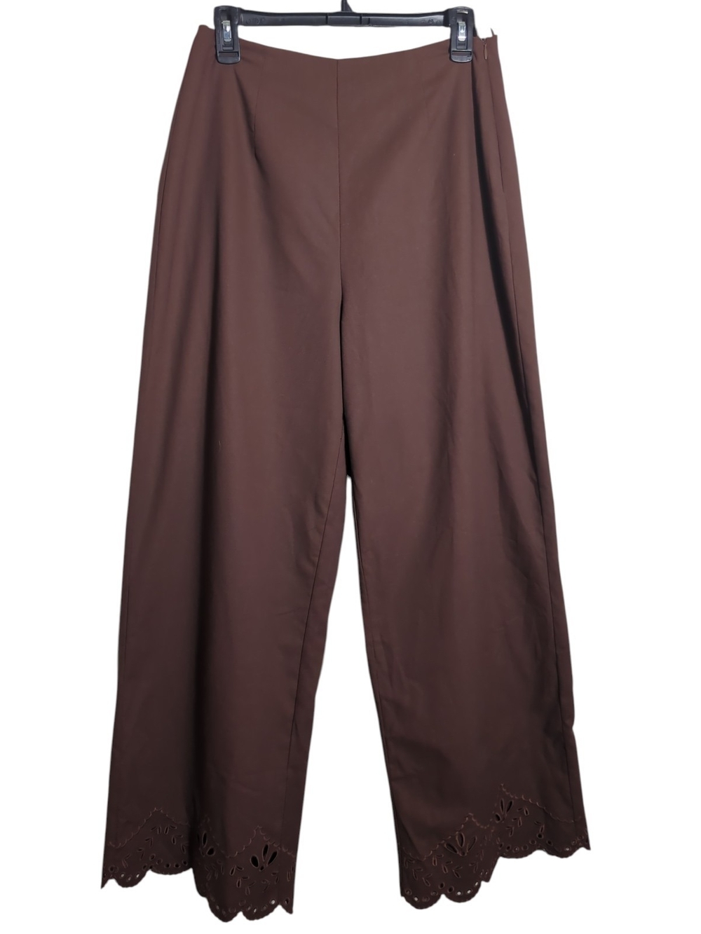 MABLE Brown Eyelet Embroidered Wide Leg Pants Scalloped Hem Boho Cottagecore Med